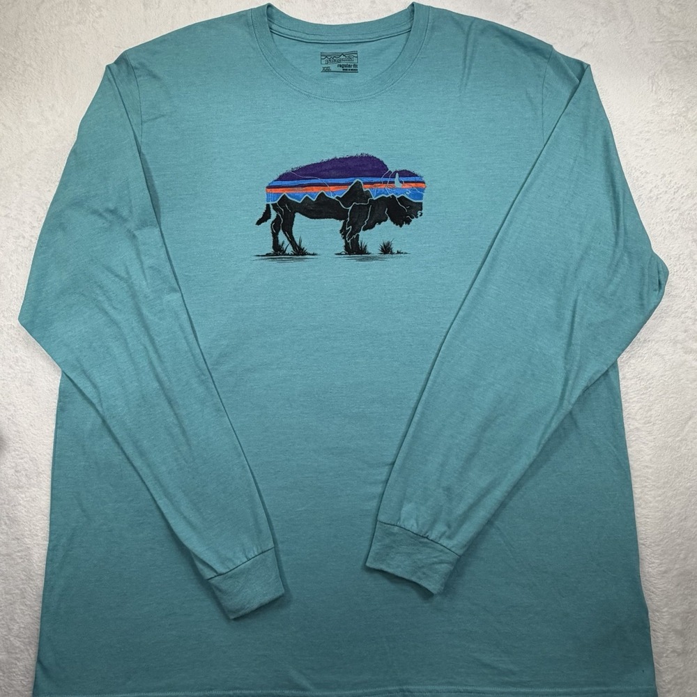 MENS PATAGONIA LONG SLEEVE FITZ ROY BISON RESPONSIBILI-TEE XXL Turquoise Blue